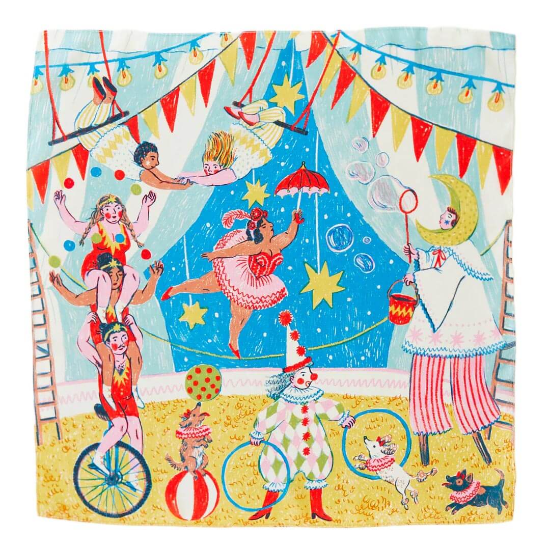 Sarah's Silks Circus Playsilk with illustrated circus scene in a circus tent