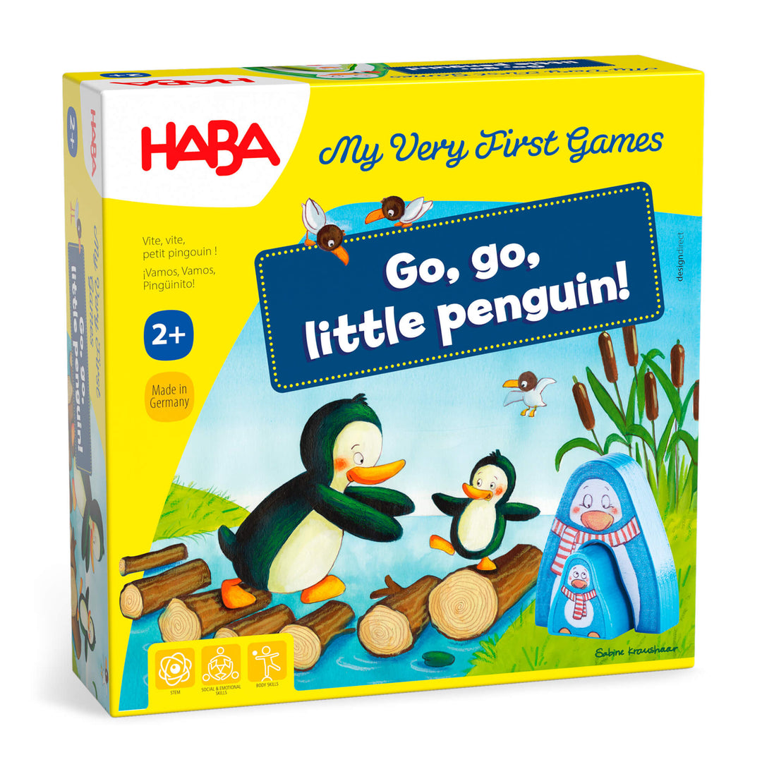 My Very First Games Go, Go, Little Penguin Game Box with illustrated penguins walking on logs in a river