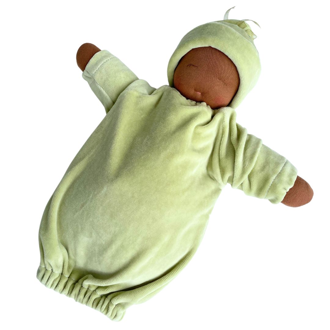 Little Heavy Baby Waldorf Doll - Sage Green Bunting with Dark Skin Tone- Bella Luna Toys