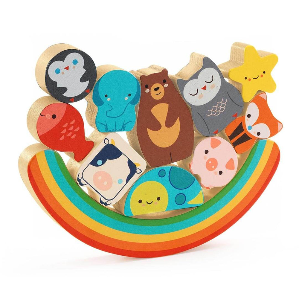 10 animals balanced on a rainbow wooden piece